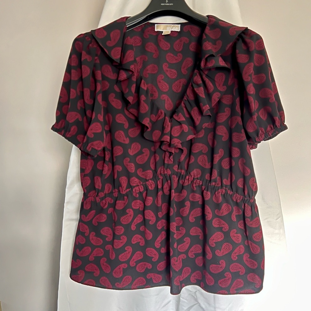 Michael Michael Korrs Short Sleeve Ruffle Collar V-Neck Blouse Size XL